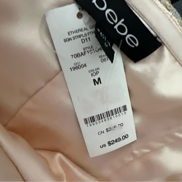 NWT Bebe Gold Cream Sequin Strapless Isis Feather Dress Women’s Medium New Tags - Picture 11 of 11